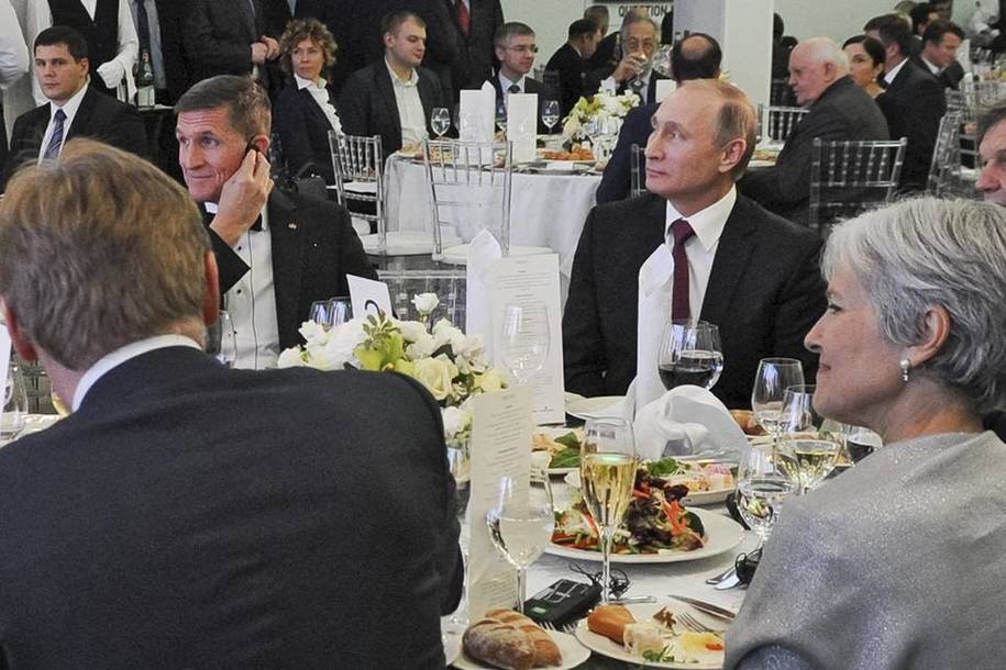 Flynn was a speaker and distinguished guest of Vladimir Putin at this 2015 gala dinner to celebrate Russian propaganda news organization RT.