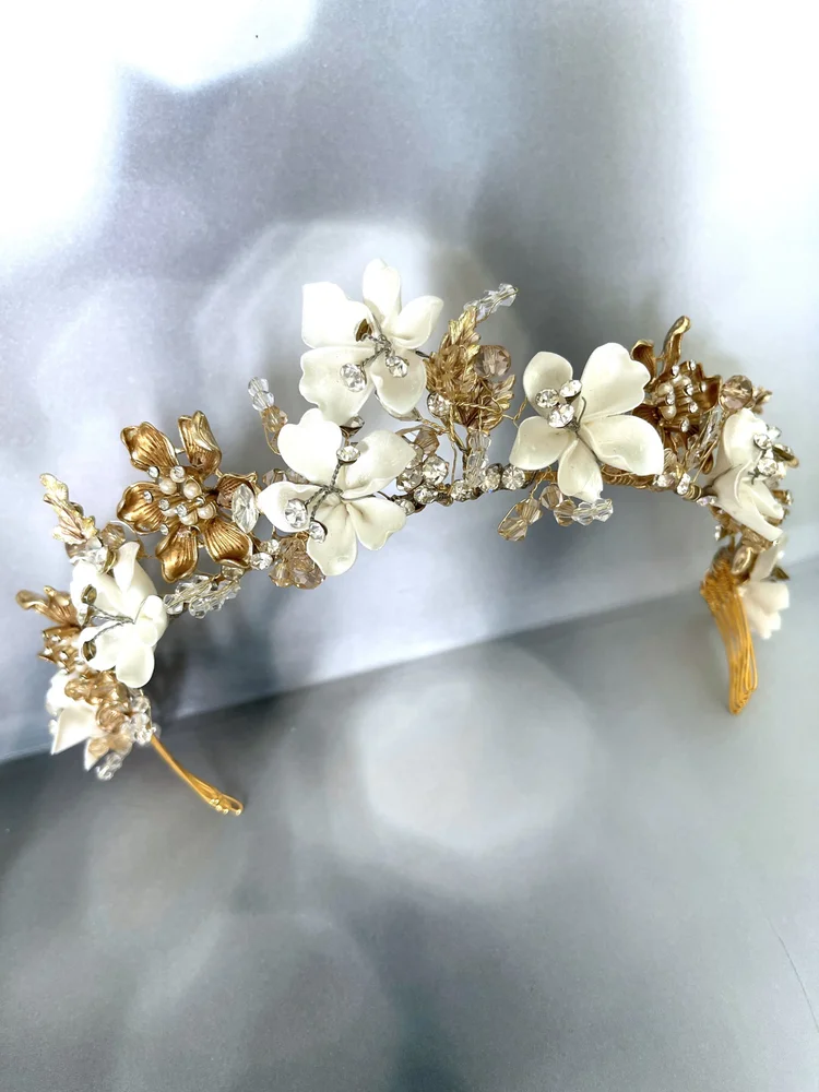 Porcelain flower and champagne crystal Amanda tiara by  display picture 1