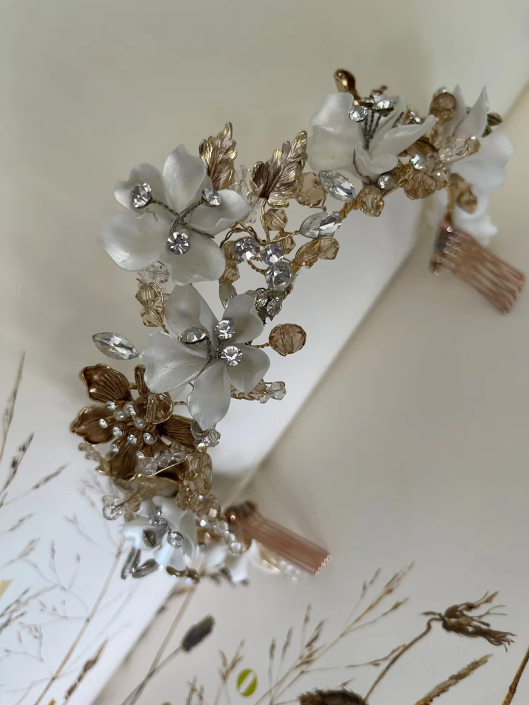 Porcelain flower and champagne crystal Amanda tiara by  display picture 3