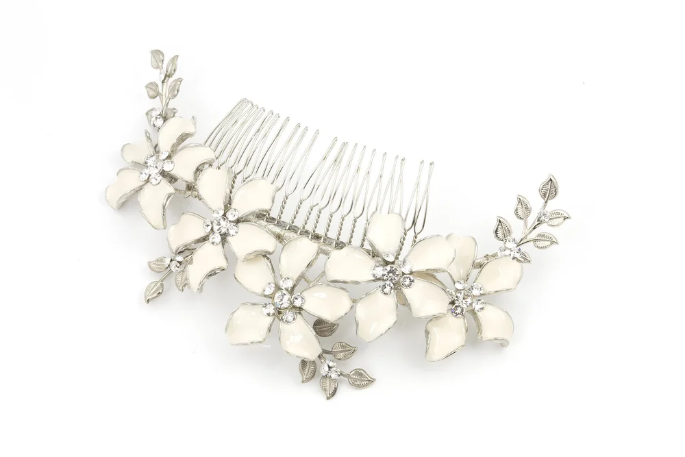 Justine M. Couture Art Deco Feather and Rhinestone Hair Comb Silver rhinestone art deco inspired Greta headpiece comb by  main image 3