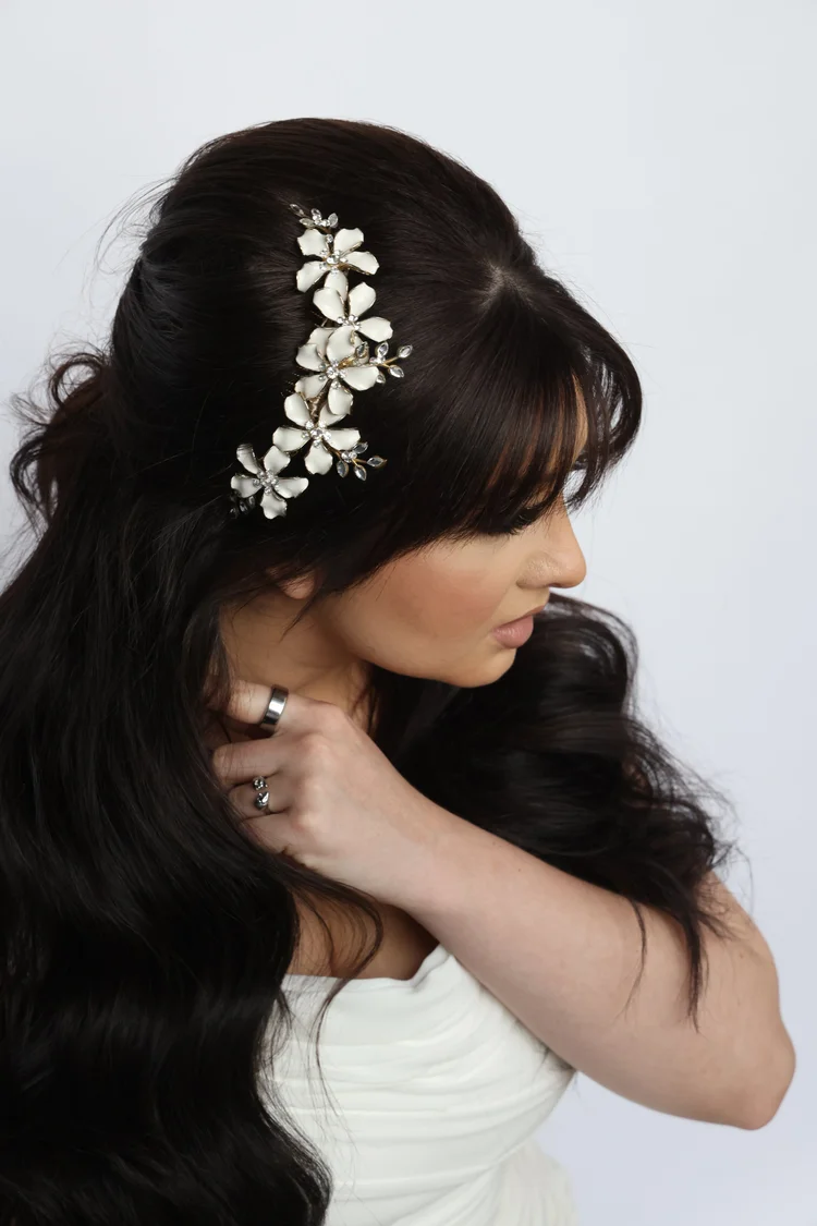 Off white enamel flower Jasmine bridal headpiece comb by  display picture 3