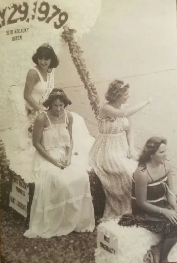 Montgomery's 1978 Kolacky Day Royalty. From Left: Queen Lori Bohlman, First Princess Nancy Kaisersatt, Second Princess Deb Lang, and Miss Congeniality Janell Homberg