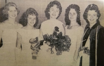 Montgomery's 1961 Kolacky Day Royalty. From Left: Miss Congeniality Mary Carlson, 1st Attendant Arlene Krocak, Queen LaVonne Svoboda, 2nd Attendant Marilyn Petricka, and the 1960 Kolacky Days Queen Mary O'Regan
