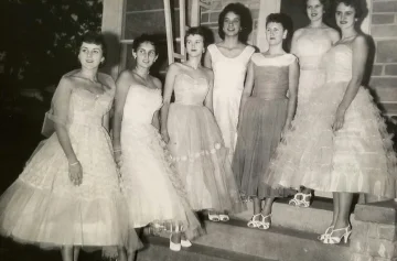 1957 Kolacky Day Royalty with the 1958 Royal Court. From Left: 1st Attendant Gladys Havel, 2nd Attendant Sharon Washa, Queen Joan Zahratka, Queen Maureen Hackett, 1st Attendant Betty Vlasak and 2nd Attendant Betty Krocak
