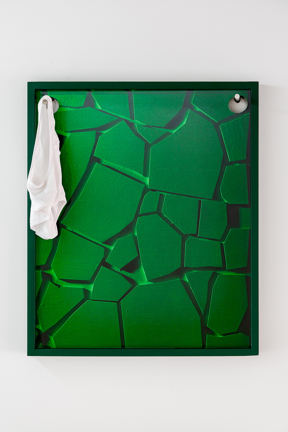 11. Nikos Pantazopoulos, Benjamin Green, 80 x 60 x 6cm, Tasmanian oak, pigment print, perspex, stainless steel batons, ivory enamelled dibond, underpants, 2017