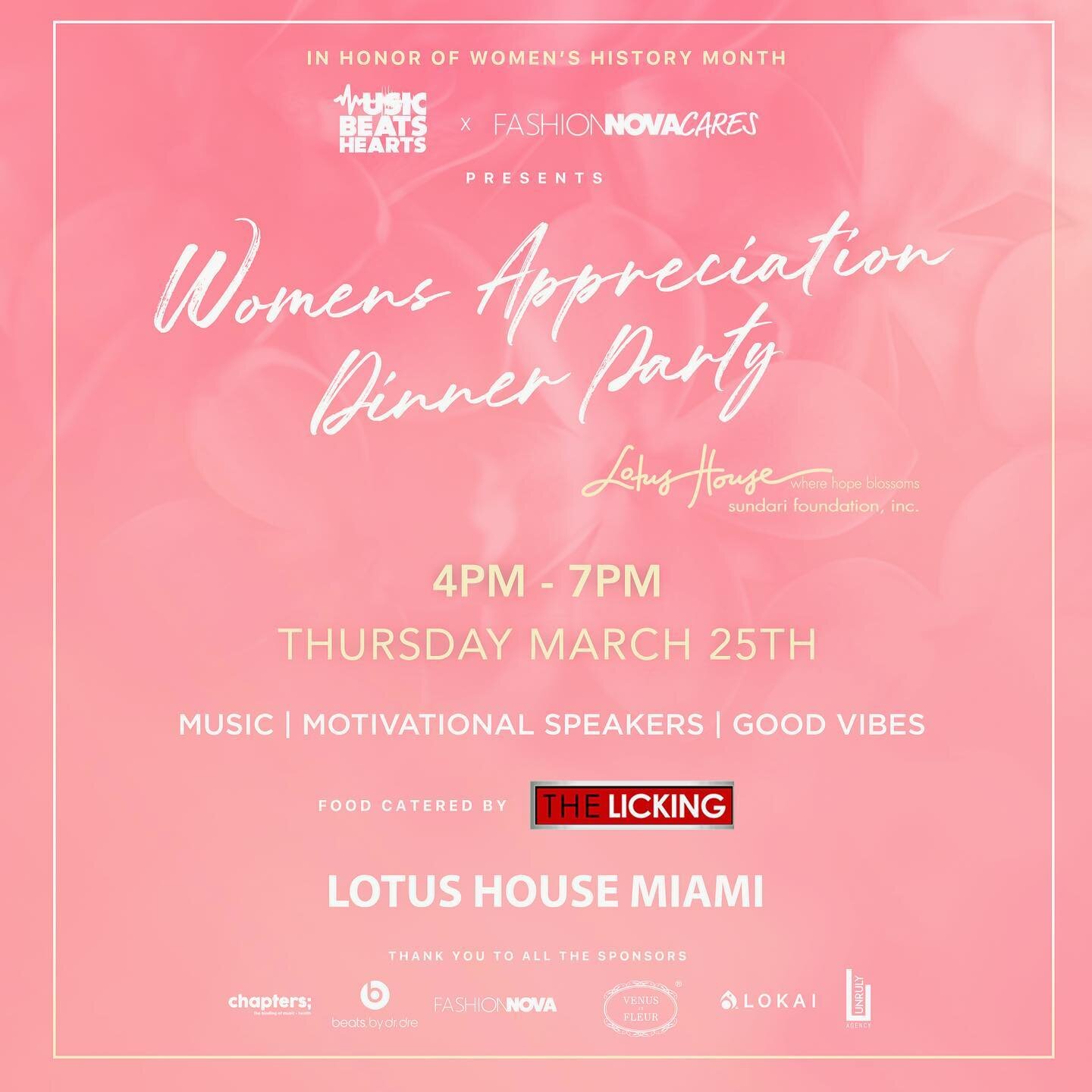 Excited to work with all our partners and bring some joy to the women of @lotushouse1 !!! 

Thank you to all sponsors @fashionnova @unrulyagency @livelokai 

Food by @thelickingmiami 
Music by @sachiahna 
Guest speakers include:  @trinarockstarr @yes