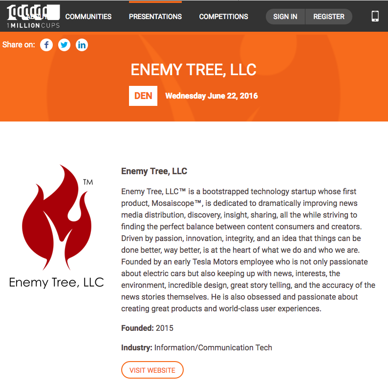 Screenshot from 1MillionCups Website featuring Mosaiscope™ & Enemy Tree, LLC™