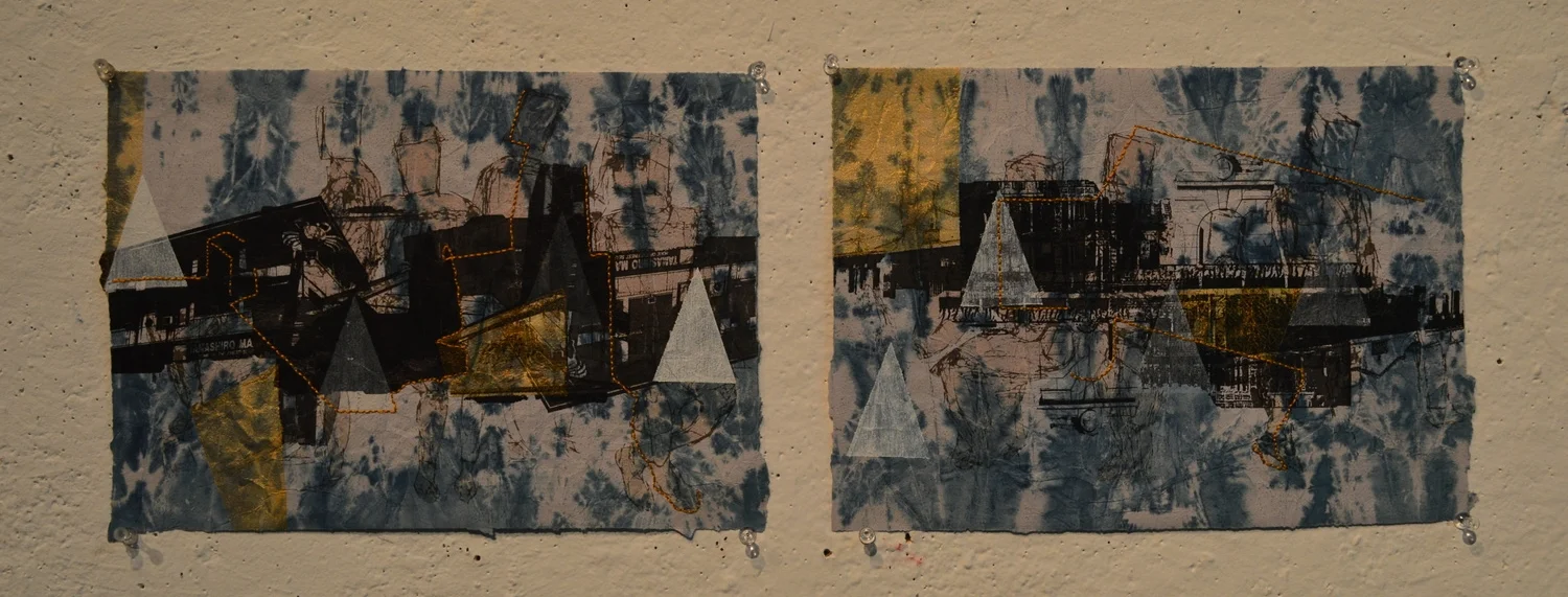   A , digital print, acrylic and stitch on dyed handmade paper, 2013   A  is a daily life portrait of the bus culture of Hawaii. We all have a pattern to follow in our daily life. For me, riding bus is part of my pattern.  A  refers to a particular r