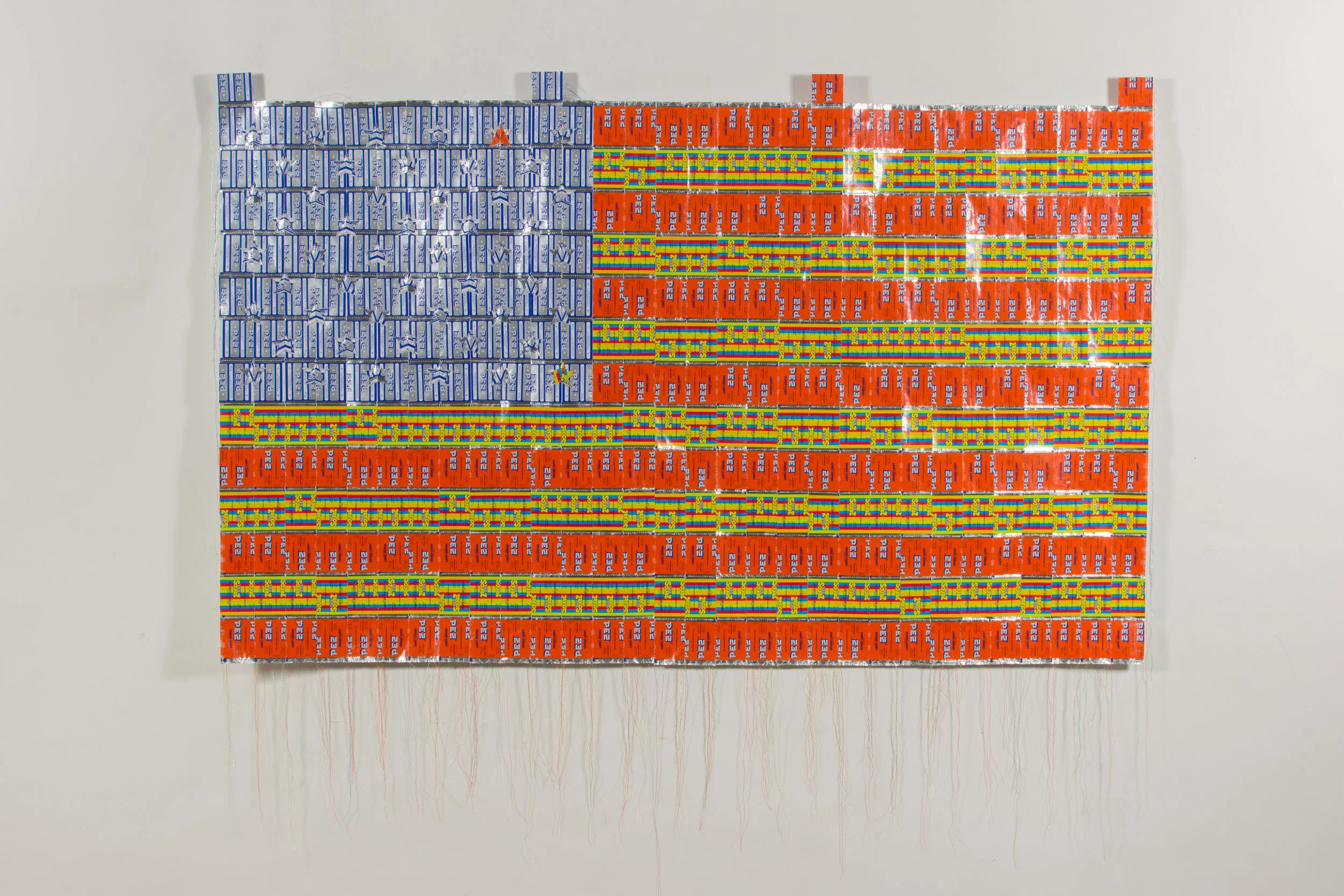   The 50 States Journey: HI, CT , PEZ wrapper and thread, 54 x 32 in 2017 