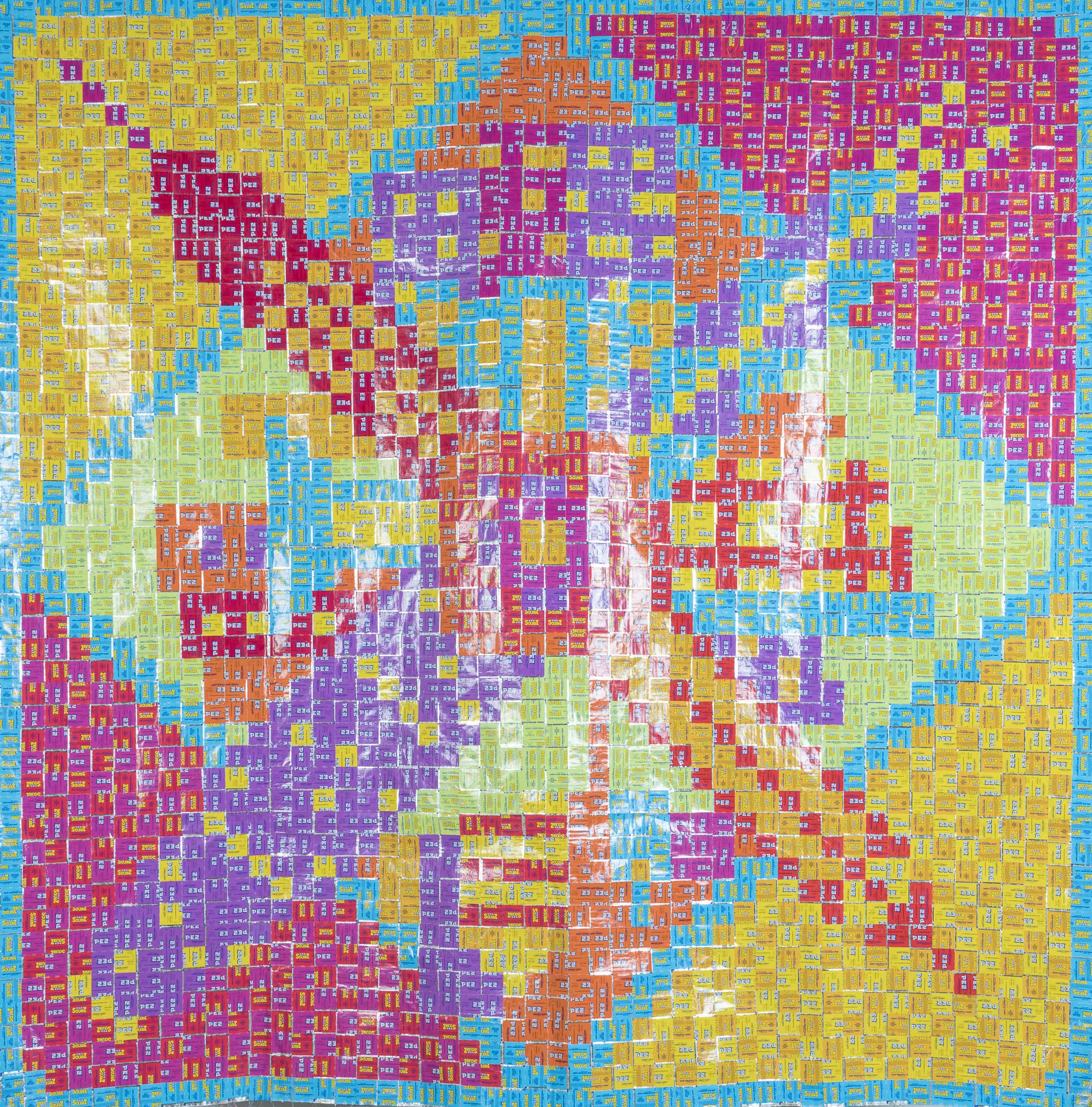  Pezelization, PEZ wrapper and thread, 90 x 90 in, 2017 