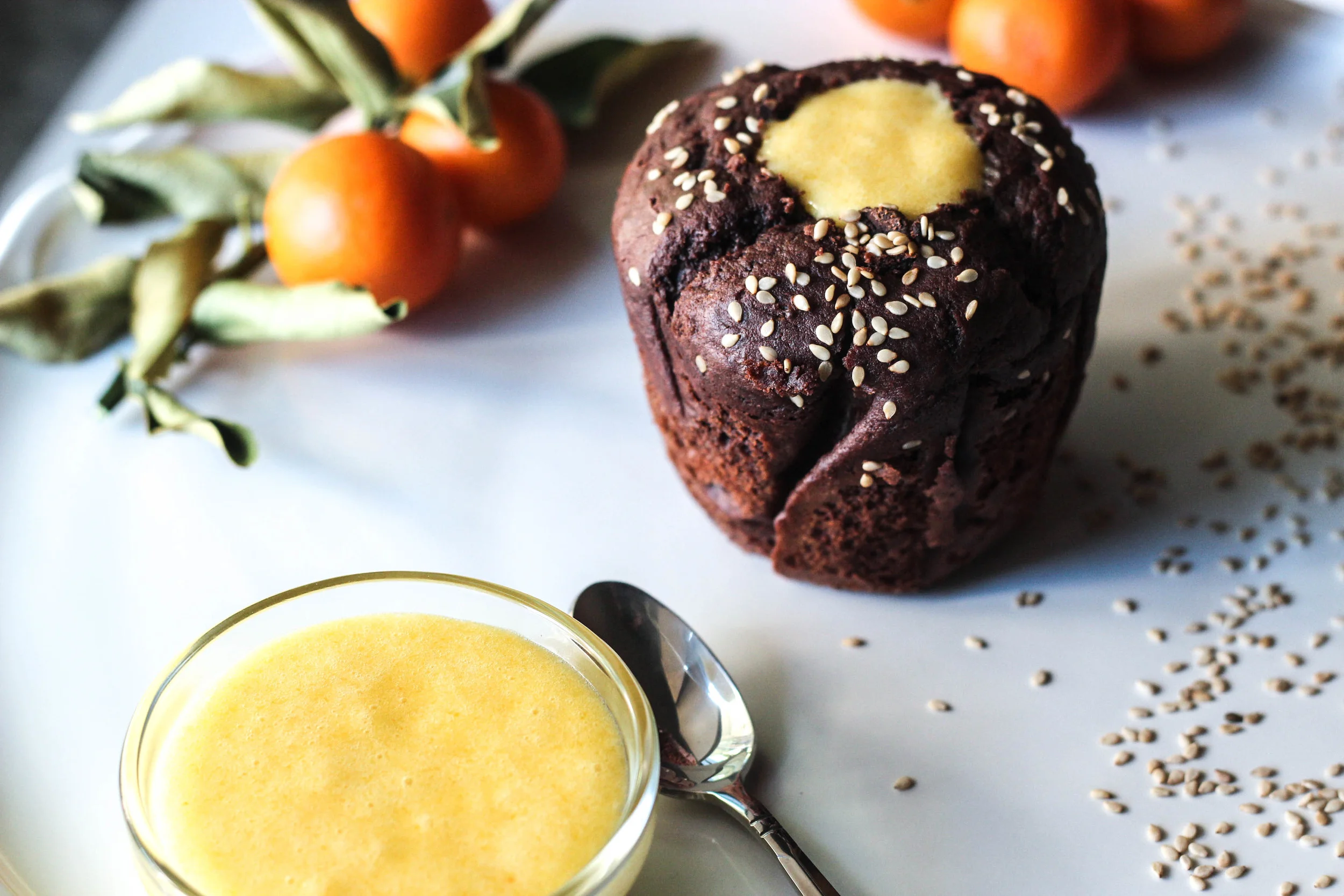 Toasted Sesame Chocolate Muffins + Kumquat Curd