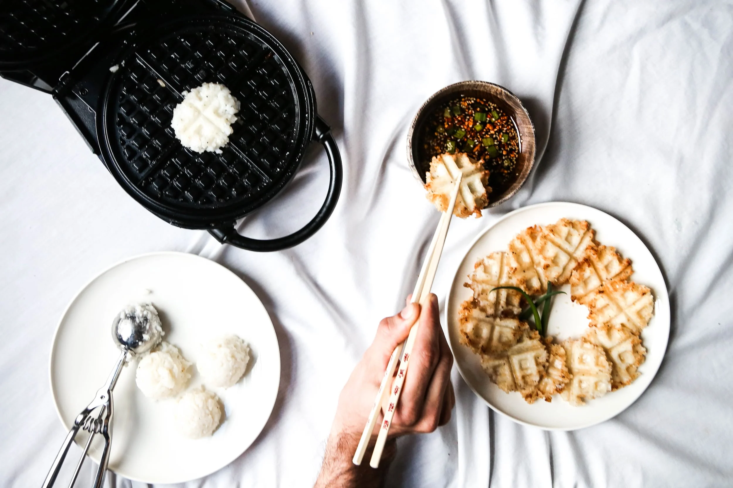 Sticky Rice Waffle Bites + Sesame Ginger Dipping Sauce
