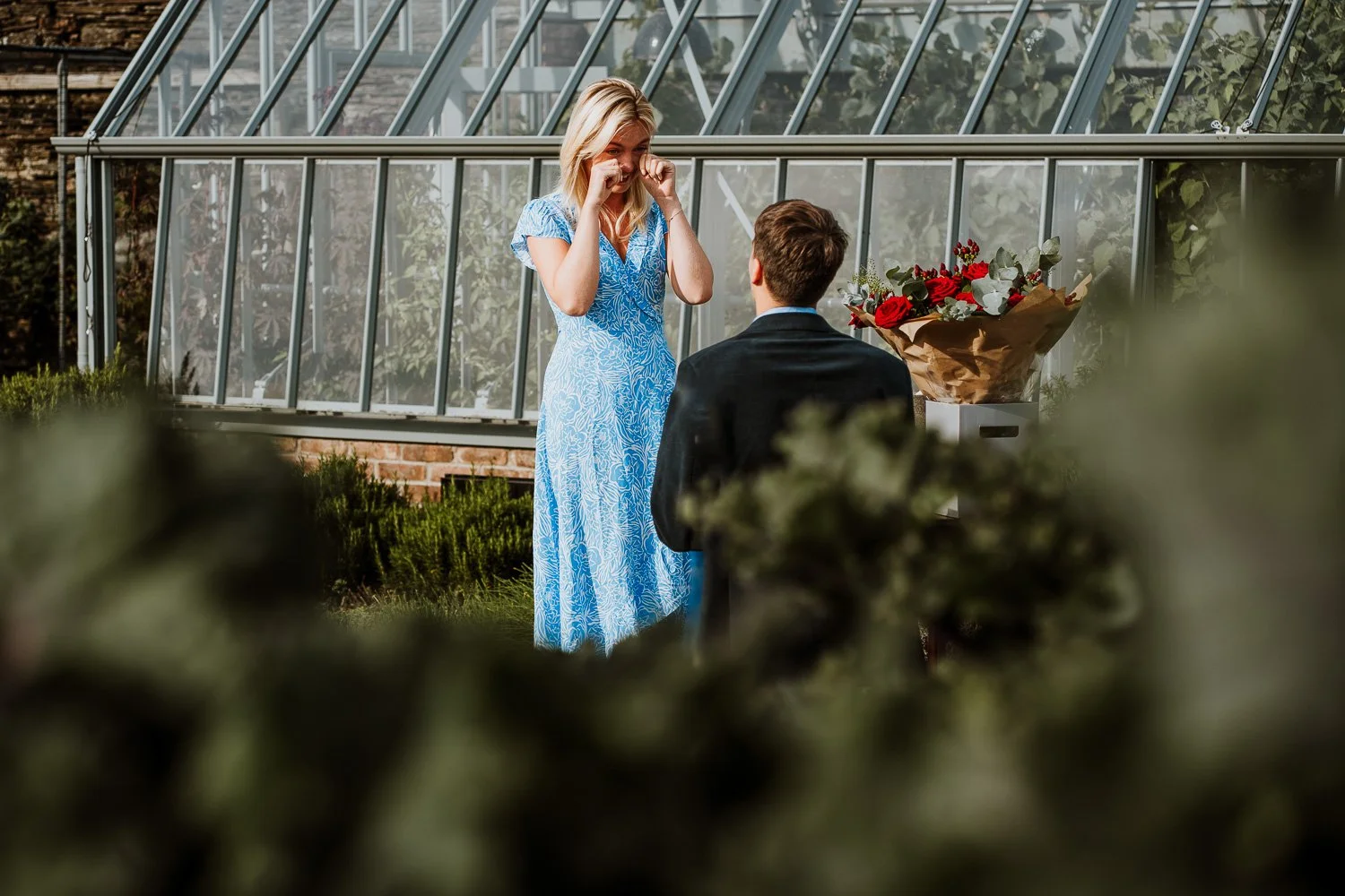 A woman in a blue dress tears up as a man kneels in front of her, offering a ring. There is a bouquet of red roses on a table behind them, with a modern greenhouse in the background. Natural Proposal Photography