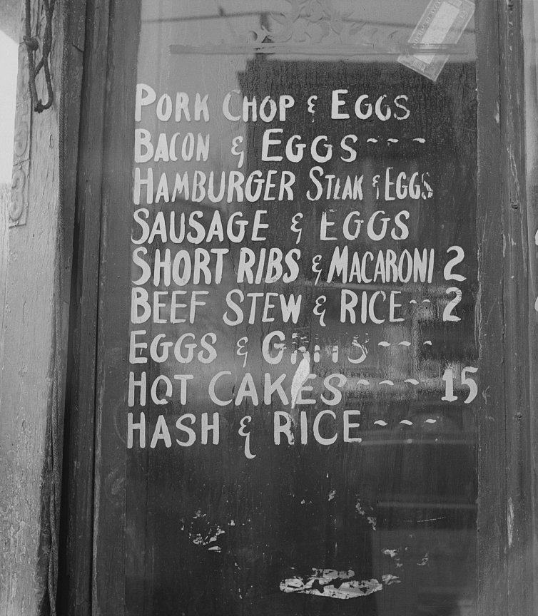Menu displayed on restaurant window (Courtesy of the Library of Congress)