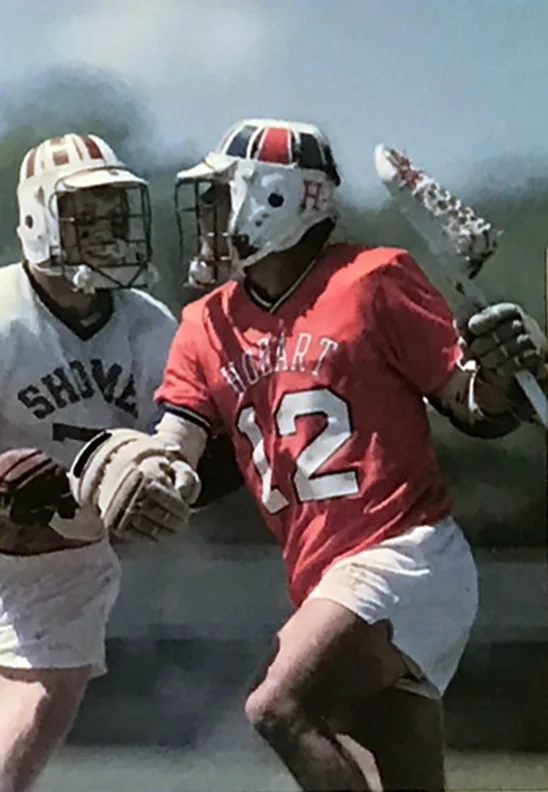 Washington College Hall Famer Steve Beville (Cortland State head lacrosse Coach) covering Tom Grimaldi circa 1985, Courtesy of Lacrosse Magazine