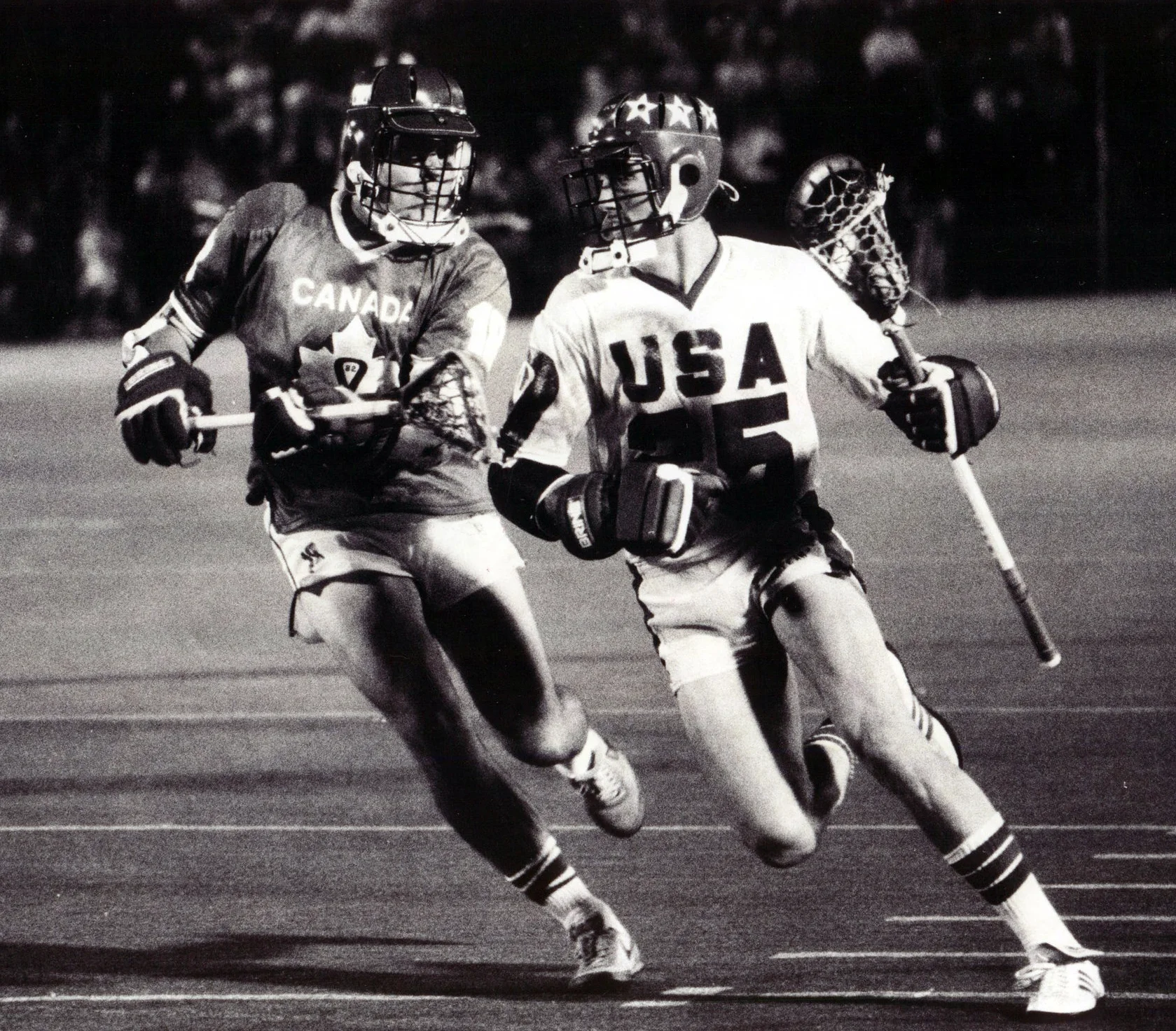 Brendan Schneck going to the hoop against team Canada in 1982, Courtesy of US Lacrosse
