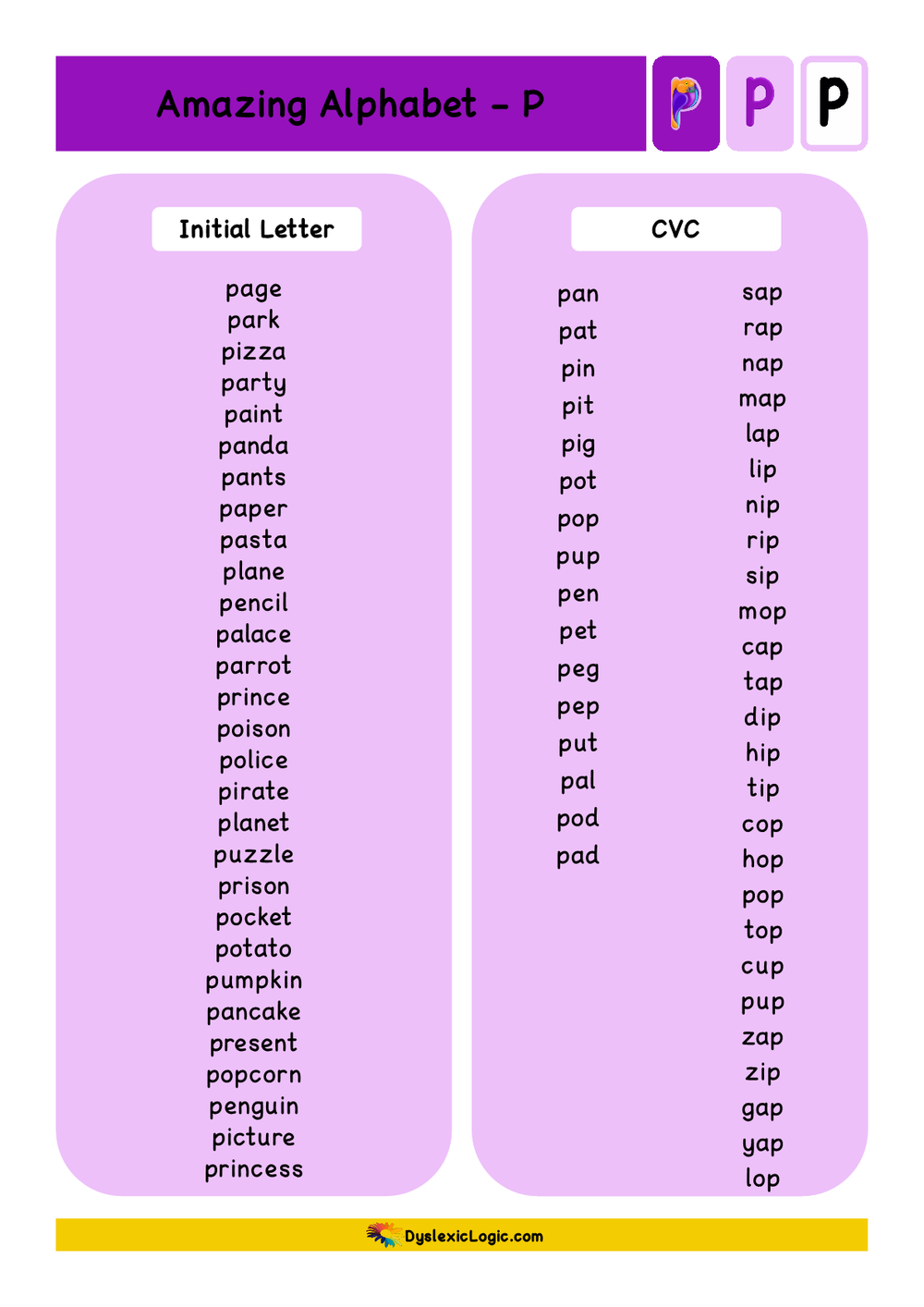 Alphabet Resources - letter 'P' — Dyslexic Logic