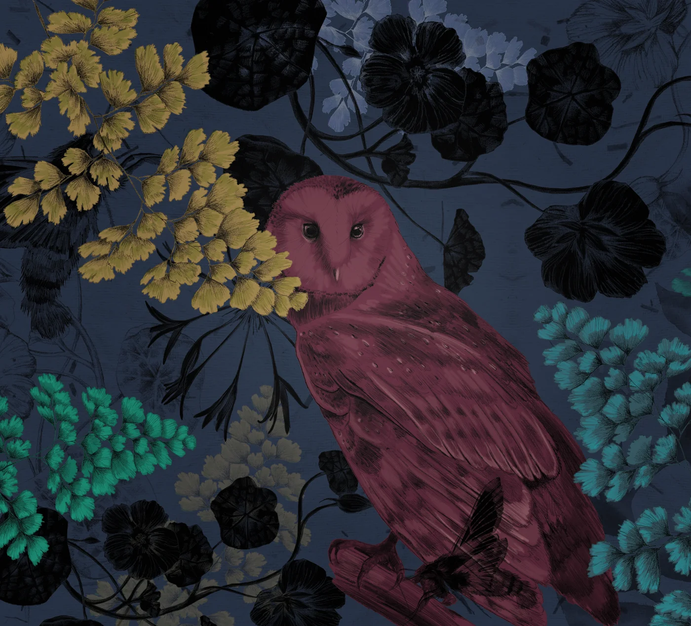 fig 2. Detail of the illustrated barn owl in foliage
