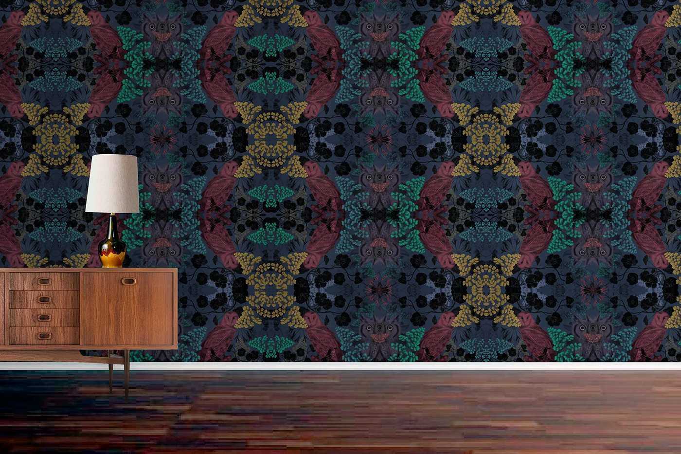 fig 1. Repeat pattern, wallpaper of owls in foliage