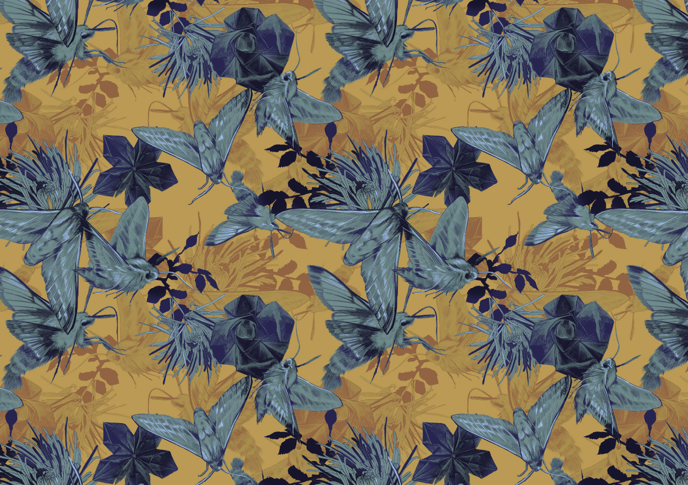 fig 1. Repeat pattern with moths and origami paper flowers