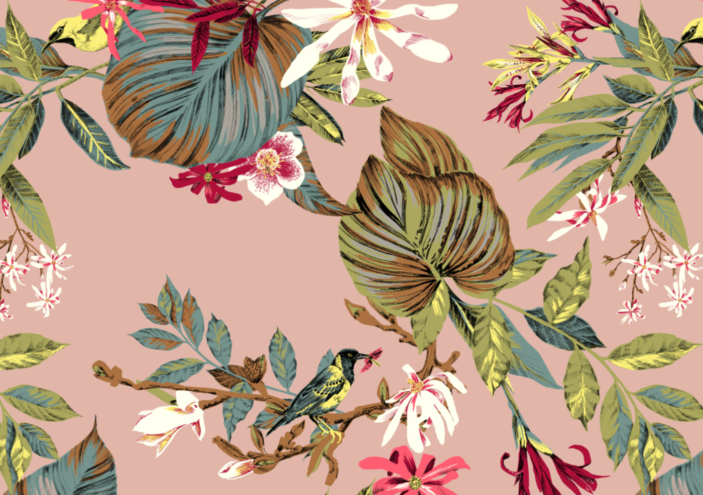 fig. 1. Pattern: bird with dragonfly, tropical foliage and lots of magnolia flowers