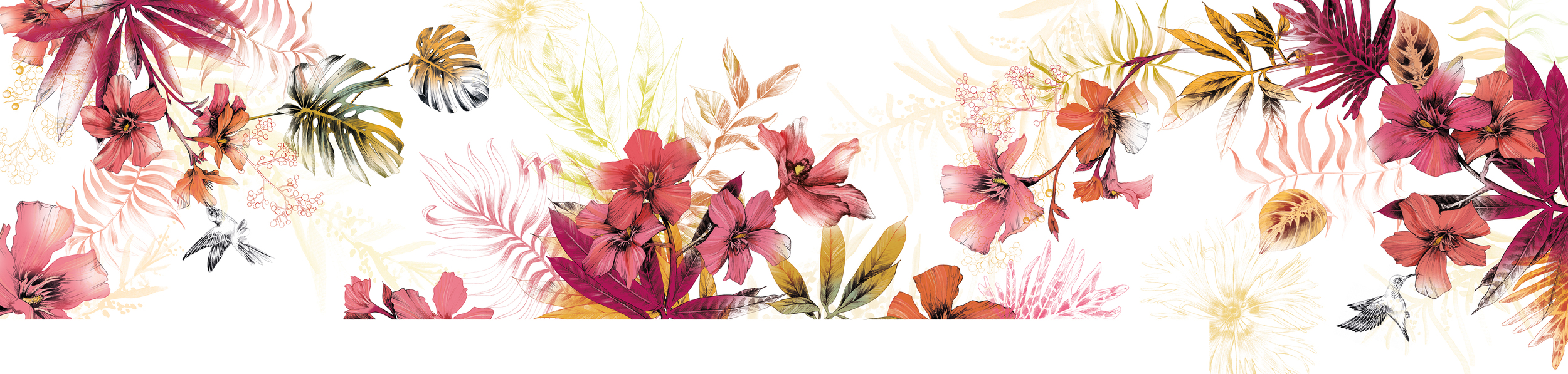 Fig. 1. Reception Mural: 10 meters long filled with Oleander, tropical leaves, berries and hummingbirds
