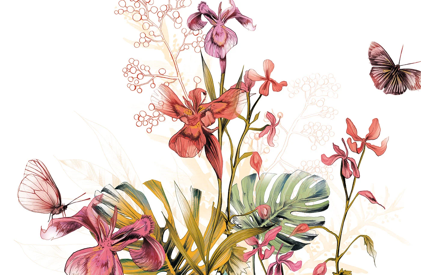 Fig. 3 Cabin Mural: tropical leaves, irisses and butterflies