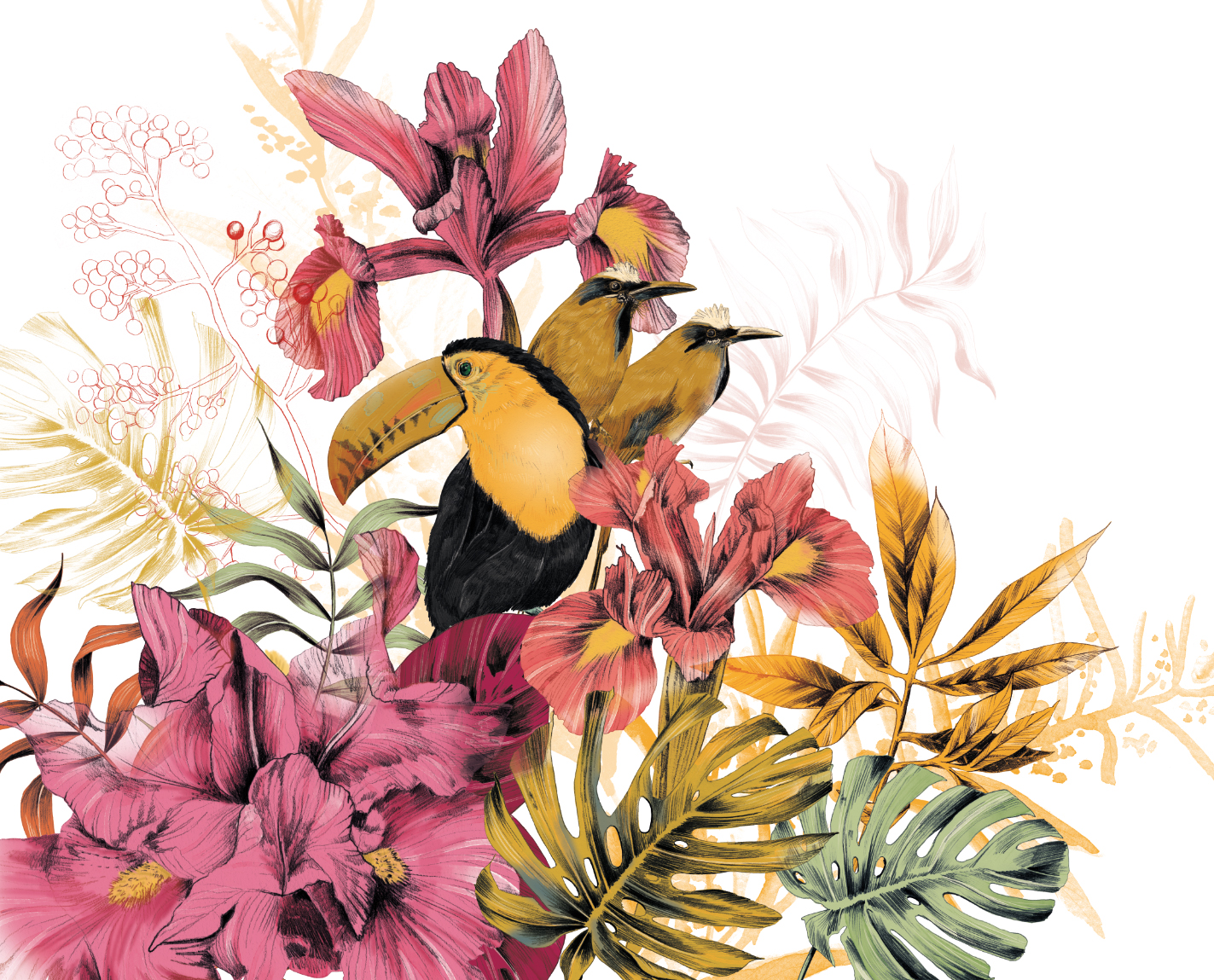 Fig. 8. Cabin Mural: tropical flower, a tucan and motmot birds