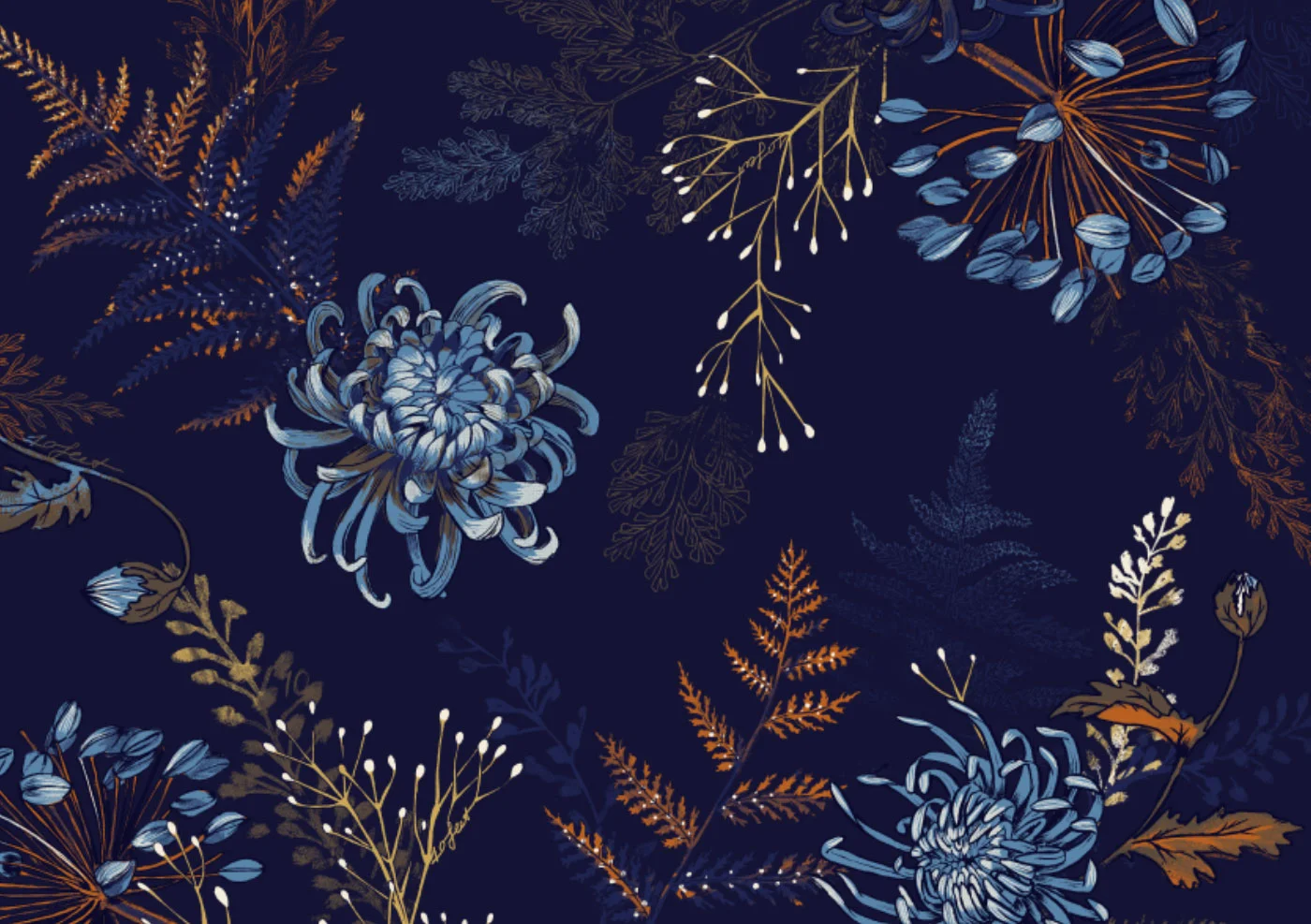 Fig. 1. Pattern in Night Blue: Chrysanthemum, fern, agapanthus
