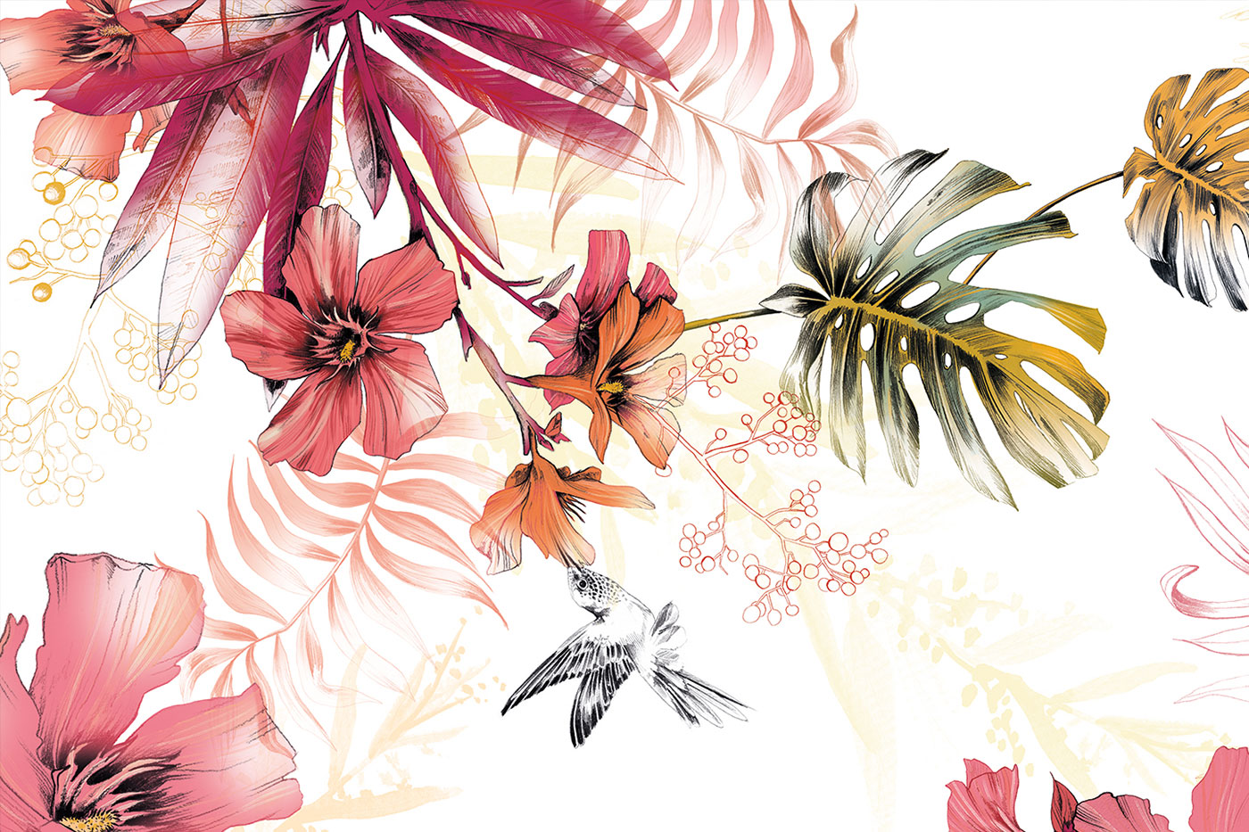 Fig. 2. Detail of Reception Mural: Oleander, tropical leaves, berries and a hummingbird