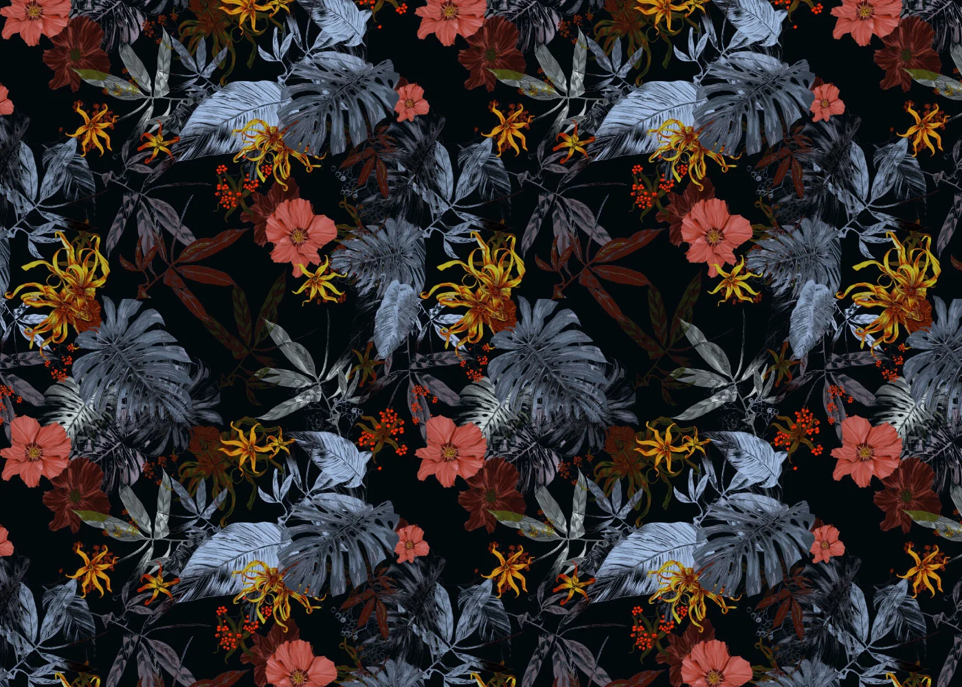 fig. 1. Tropical Midnight repeat pattern; hibiscus, ylang ylang and palm leaves