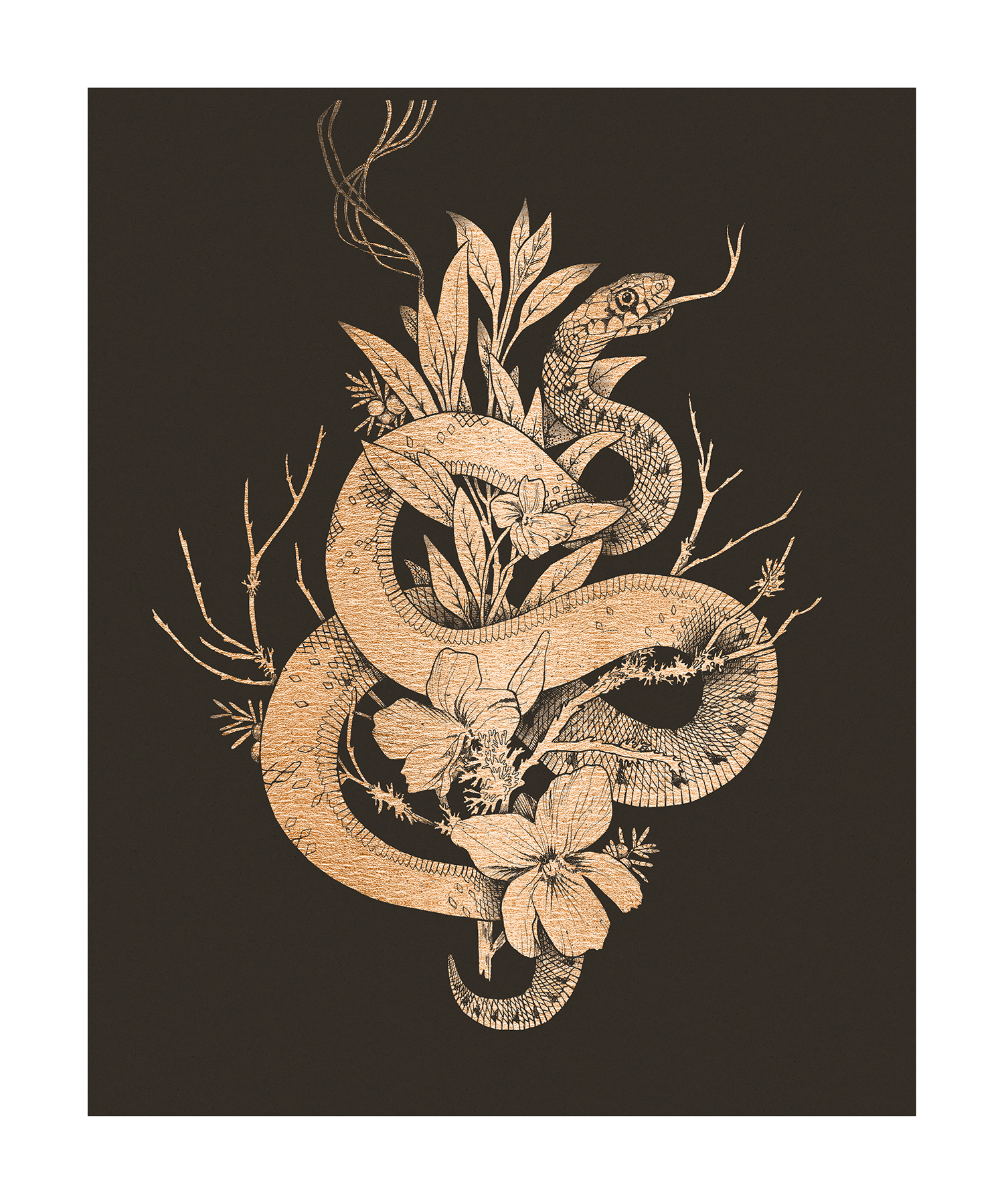 fig. 1.The rose gold foiled artwork, containing a snake, burning sage, oak branches and violets