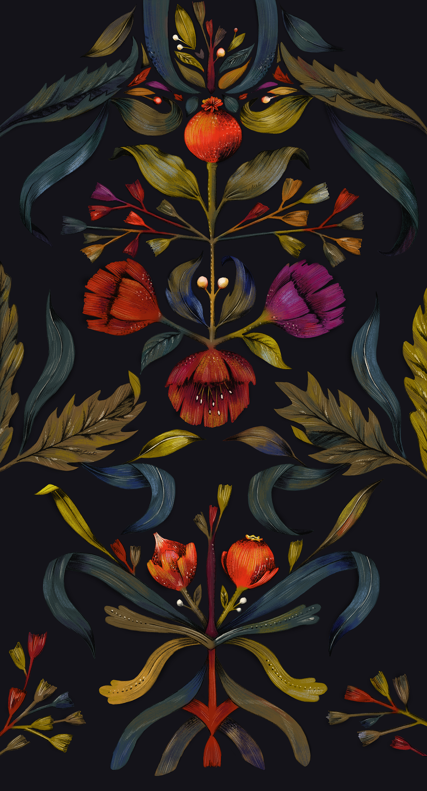 fig 1. The placement print, inspired by folk art, art deco and Golden Age paintings