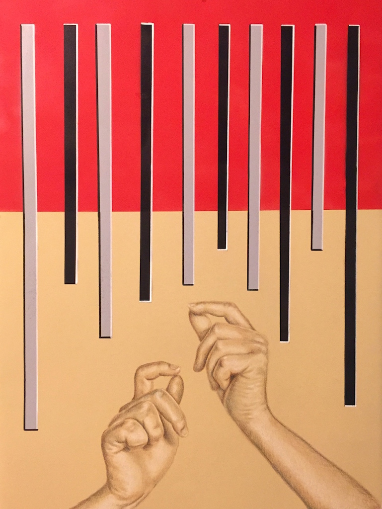 50/50 by Alejandro Macias, Colored Pencil and Aerosol on Rives BFK. Juror's Choice Award from Luck of the Draw .