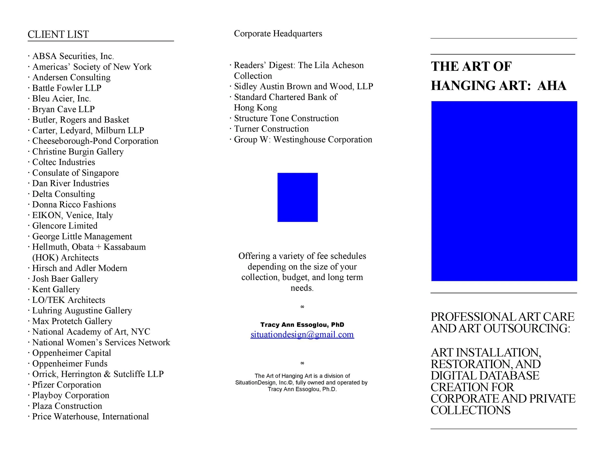 Brochure exterior: AHA: The Art of Hanging Art