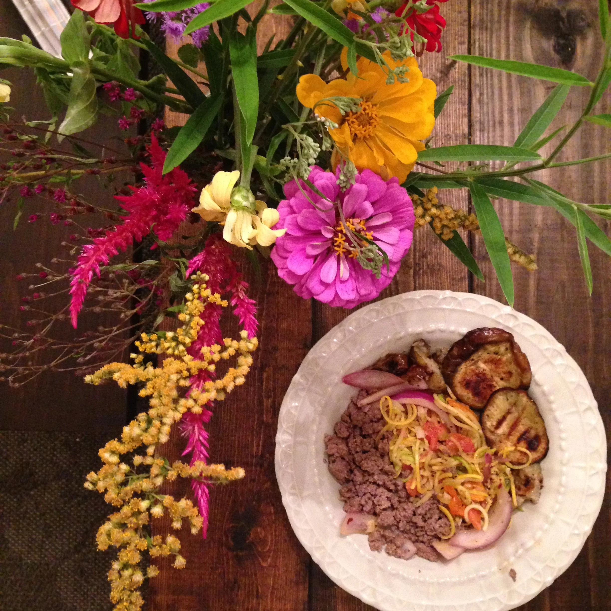 The Hepzibah Flower CSA + my poorly photographed veggie box meal.