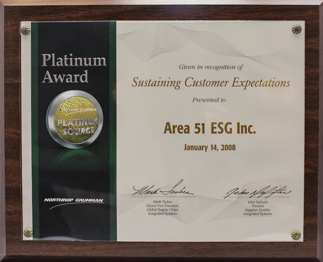 Northrop Grumman 2008 Platinum Level Platinum Source Award Quality and Delivery performance.jpg