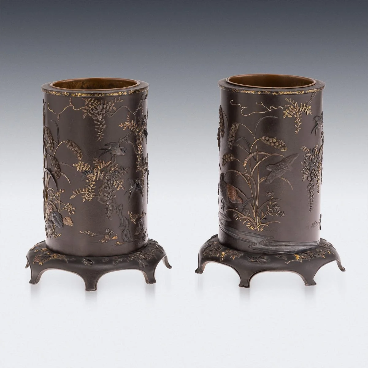 PUSHKINS.COM - G11934 - ANTIQUE 19thC JAPANESE MEIJI PERIOD PAIR OF INLAID BRONZE CYLINDRICAL BRUSHPOTS - 06.jpg