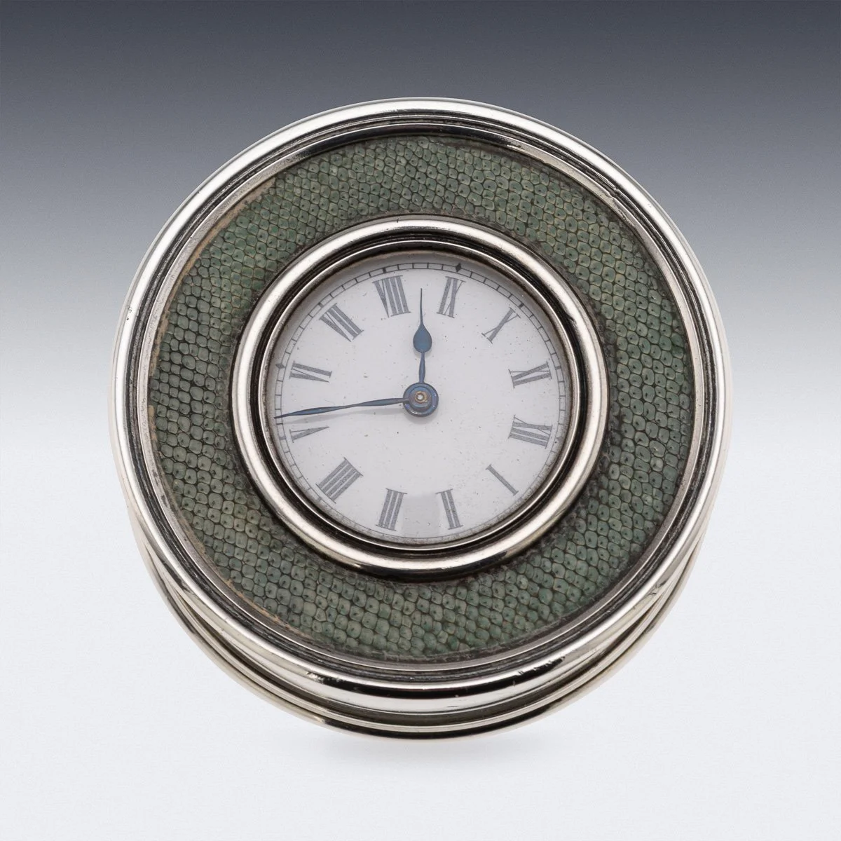 PUSHKINS.COM - J12503 - ANTIQUE 20thC EDWARDIAN SOLID SILVER & SHAGREEN DESK CLOCK, LONDON c.1910 -  04.jpg
