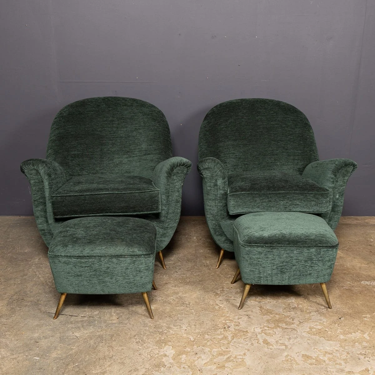 PUSHKINS.COM - D11774 - VINTAGE 20thC ITALIAN PAIR OF GREEN FABRIC ARMCHAIRS WITH OTTOMANS c.1950 - 04.jpg
