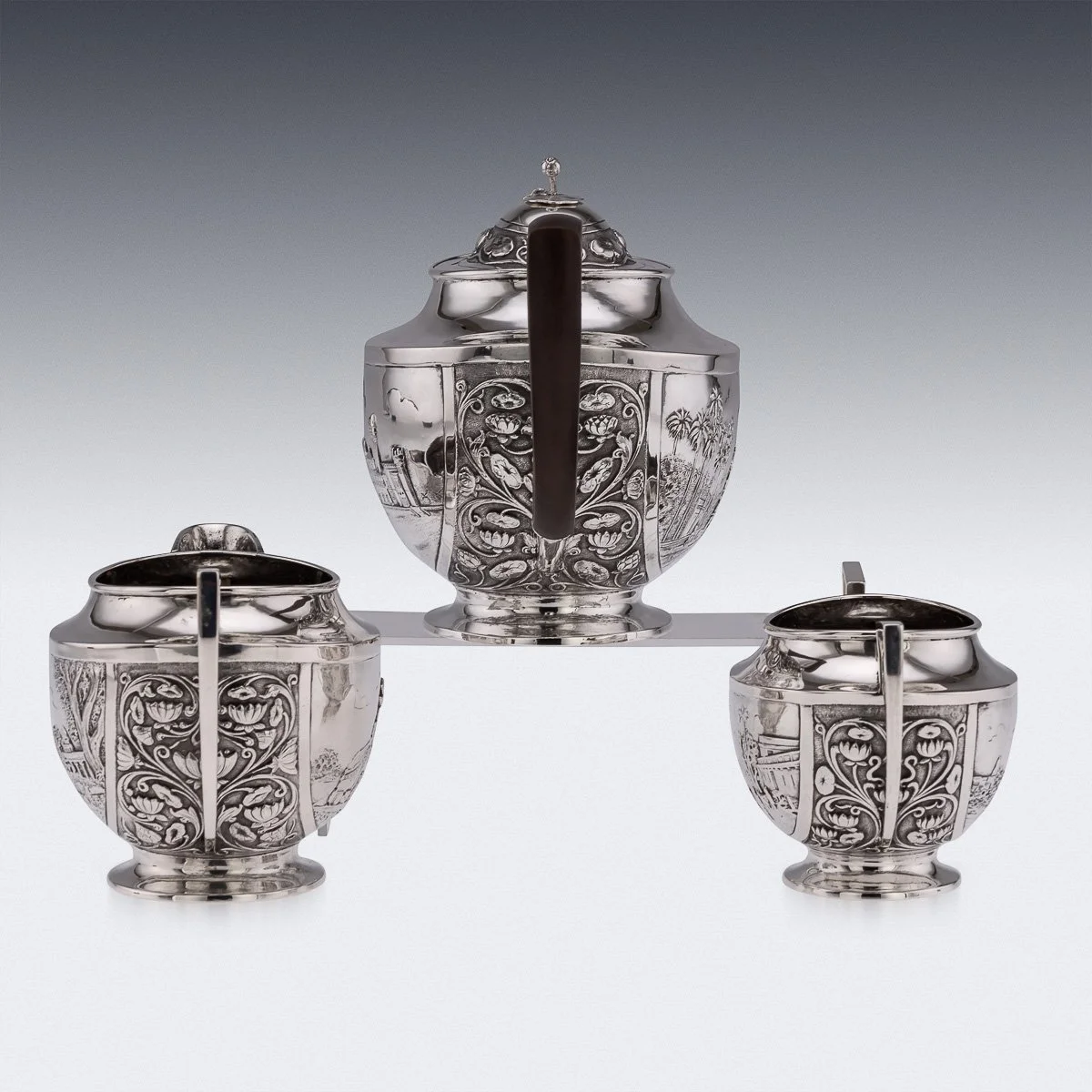 PUSHKINS.COM - A11065 - ANTIQUE 19thC INDIAN STYLE THREE PIECE SOLID SILVER TEA SET, REED & BARTON c1900 - 04.jpg