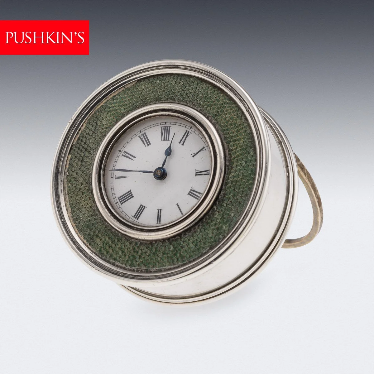 ANTIQUE 20thC EDWARDIAN SOLID SILVER & SHAGREEN DESK CLOCK, LONDON c.1910