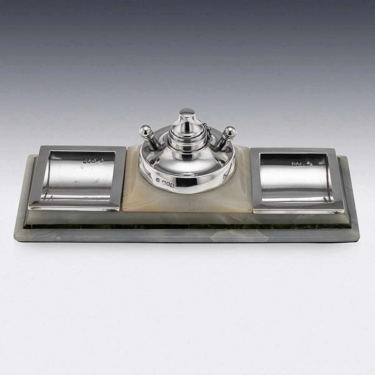 PUSHKINS.COM - J11518 - ANTIQUE 20thC SOLID SILVER MOUNTED AGATE SMOKERS STAND, LONDON c.1913 - 04.jpg