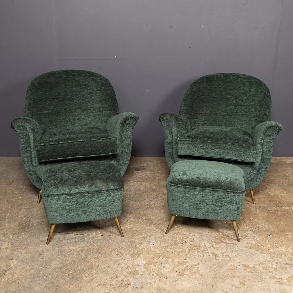 PUSHKINS.COM - D11774 - VINTAGE 20thC ITALIAN PAIR OF GREEN FABRIC ARMCHAIRS WITH OTTOMANS c.1950 - 03.jpg