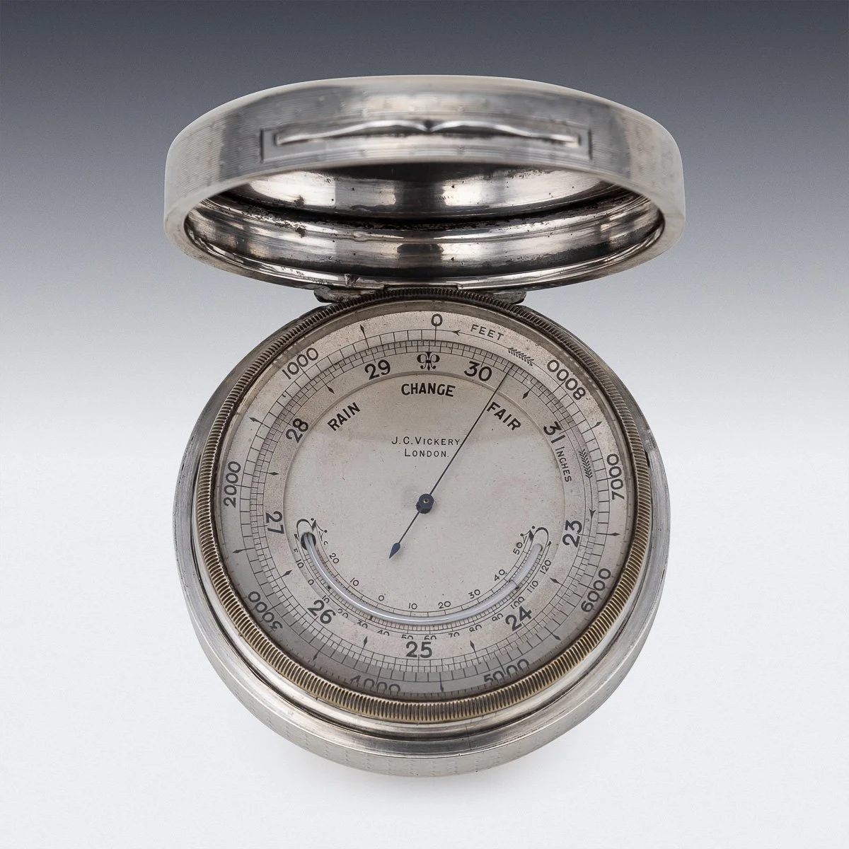 PUSHKINS.COM - D11352 - ANTIQUE 20thC ENGLISH SOLID SILVER BAROMETER & THERMOMETER, J.C VICKERY c.1912 - 04.jpg