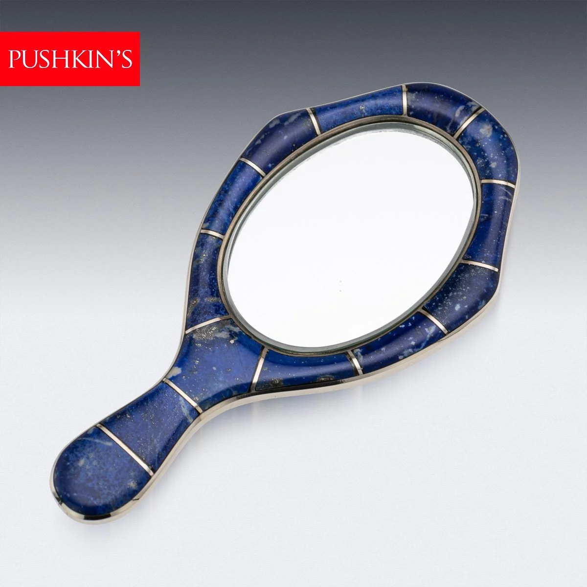 ANTIQUE 20thC CONTINENTAL SOLID SILVER & LAPIS LAZULI MOUNTED MINIATURE MIRROR c.1900