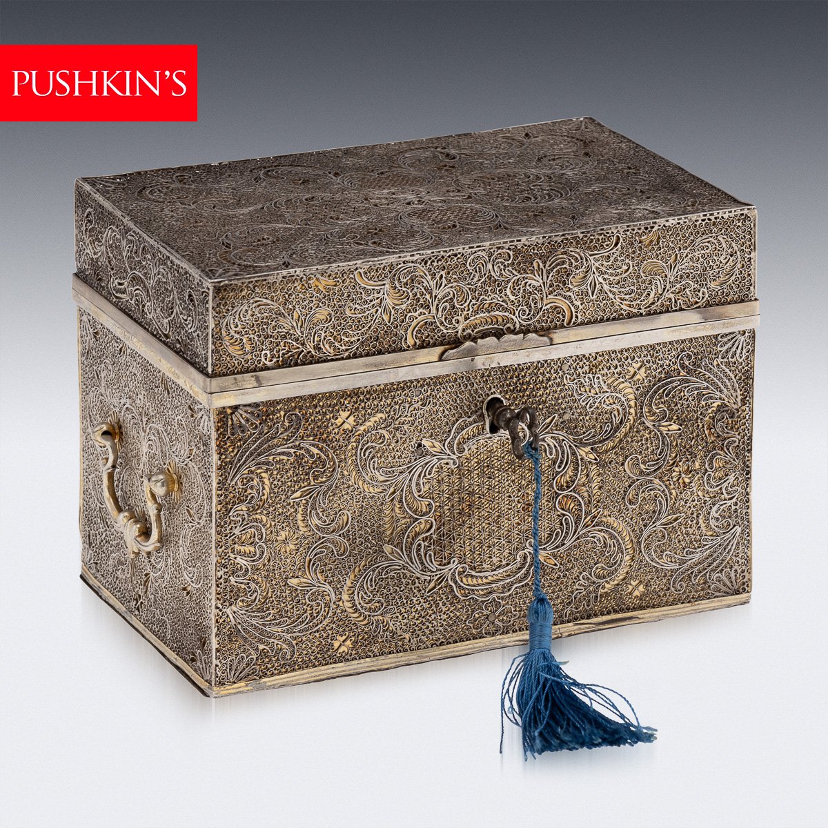 PUSHKINS.COM - J11070 - ANTIQUE 17thC INDO-PORTUGUESE SOLID SILVER FILIGREE TEA CHEST, GOA c.1680 - 02.jpg