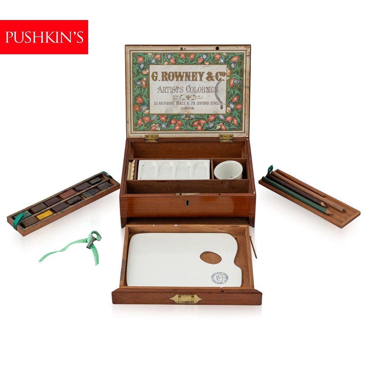 PUSHKINS.COM - ANTIQUE 19thC VICTORIAN G ROWNEY & CO ARTISTS COLORMEN WATERCOLOUR BOX c.1860 - 1.jpg