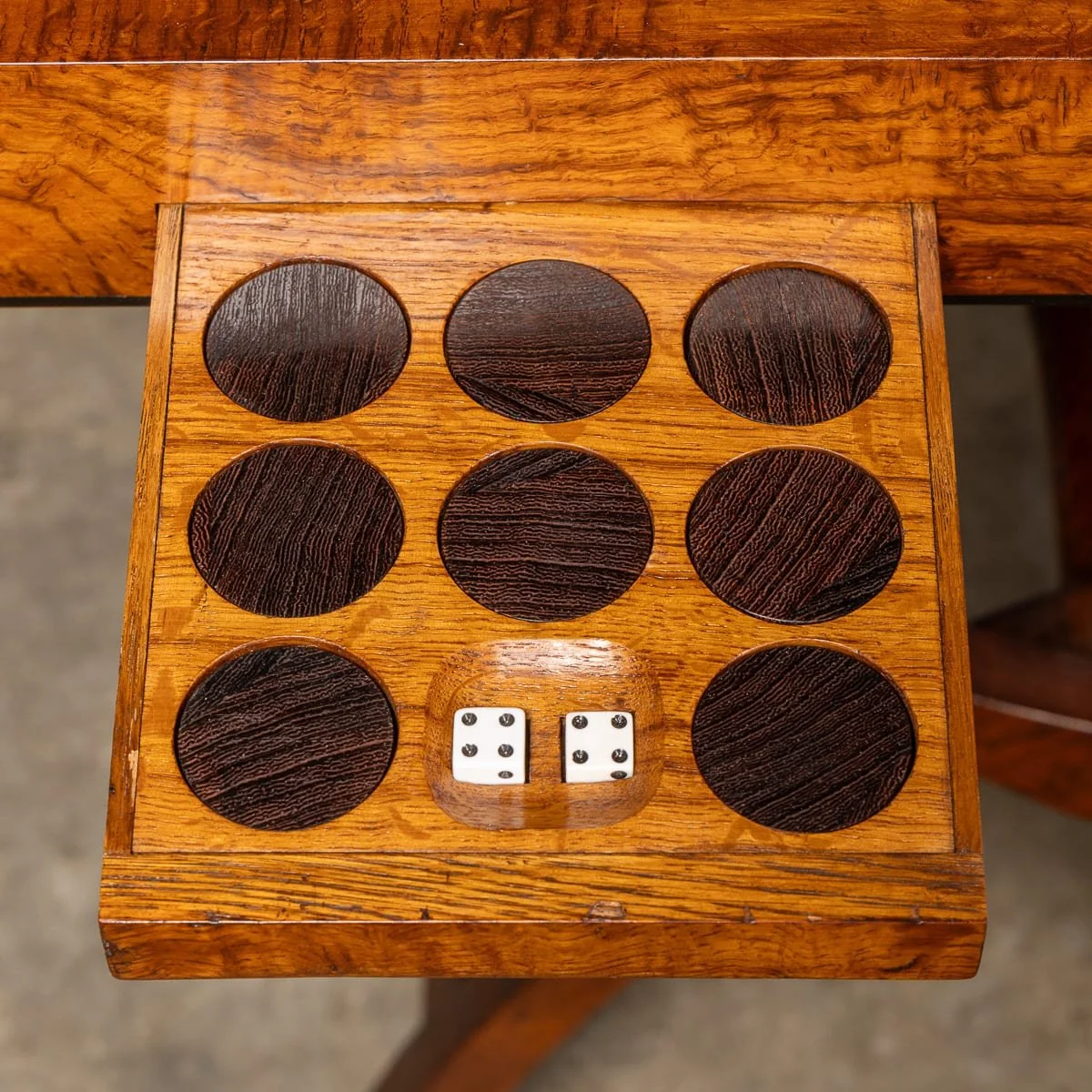 PUSHKINS.COM - D11769 - VINTAGE 20thC ENGLISH BURR WALNUT FOLDING BACKGAMMON TABLE BY DUNHILL c.1960 - 18.jpg