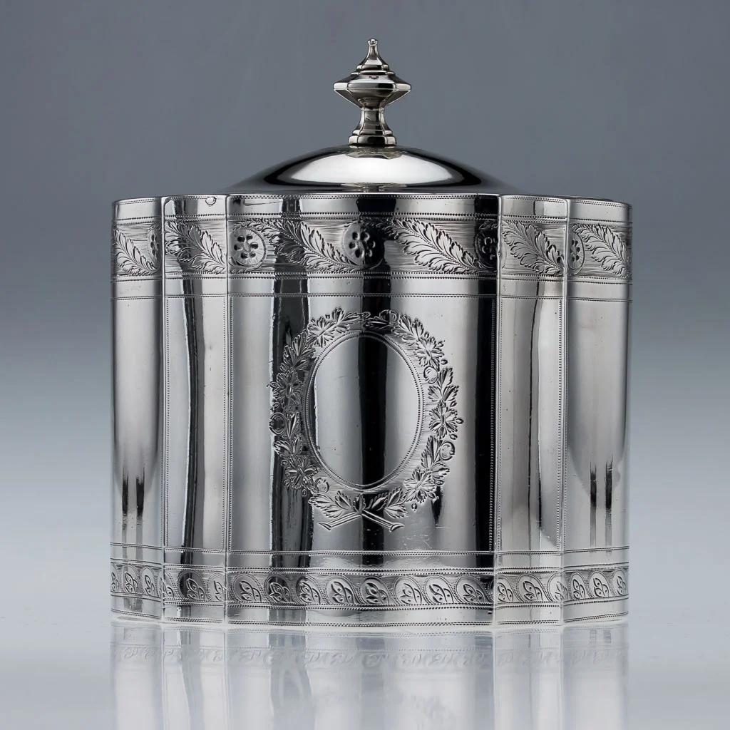 ANTIQUE 18thC RARE GEORGIAN SOLID SILVER TEA CADDY, DENZILOW, LONDON c.1794-03.jpg